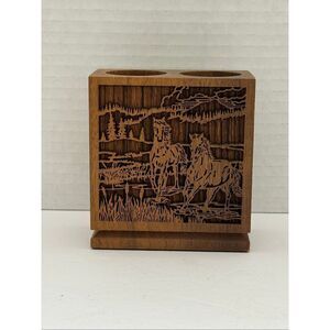 Lasercraft Solid American Oak Laser Engraved Wood Horse Pencil Pen Holder